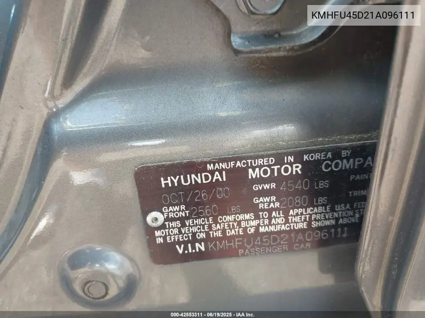 2001 Hyundai Xg300 L VIN: KMHFU45D21A096111 Lot: 42553311
