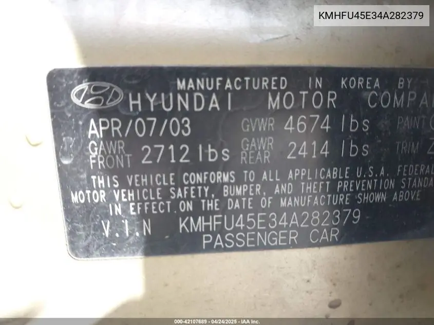 2004 Hyundai Xg350 L VIN: KMHFU45E34A282379 Lot: 42107689