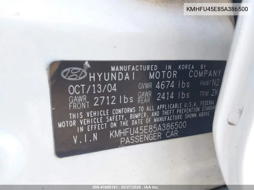 2005 Hyundai Xg350 L VIN: KMHFU45E85A386500 Lot: 41658161