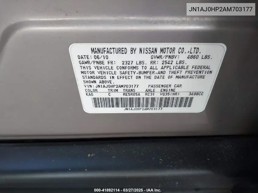 2010 Infiniti Ex35 Journey VIN: JN1AJ0HP2AM703177 Lot: 41892114