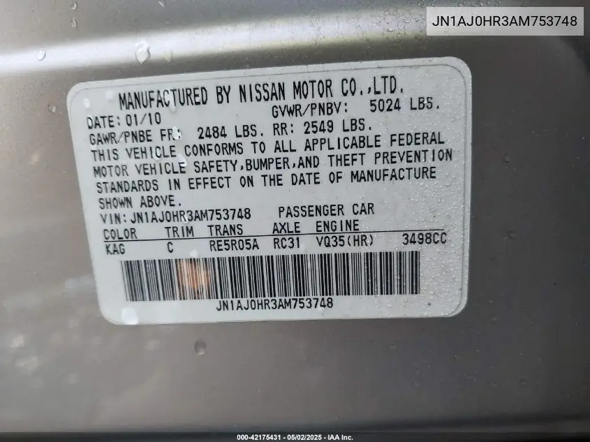 2010 Infiniti Ex35 Journey VIN: JN1AJ0HR3AM753748 Lot: 42175431