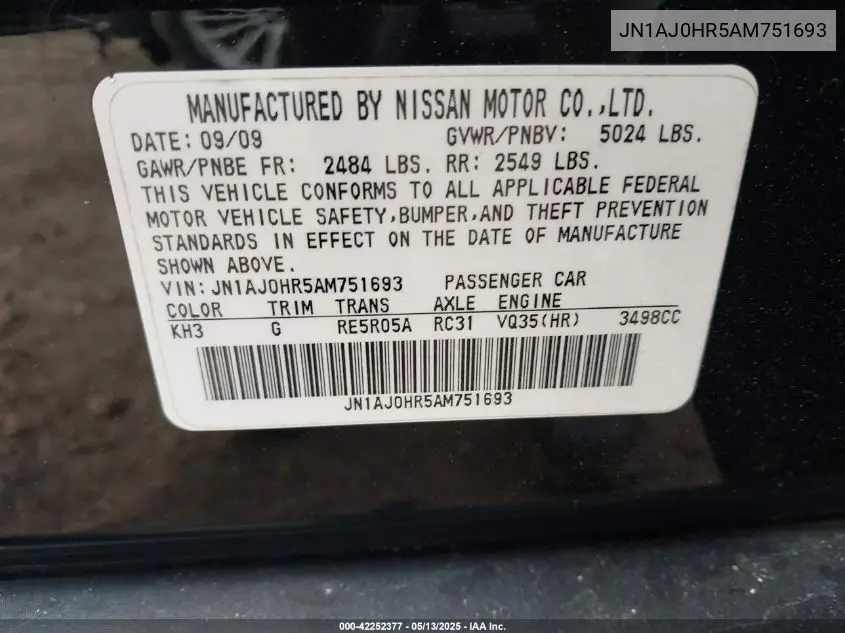 2010 Infiniti Ex35 Journey VIN: JN1AJ0HR5AM751693 Lot: 42252377