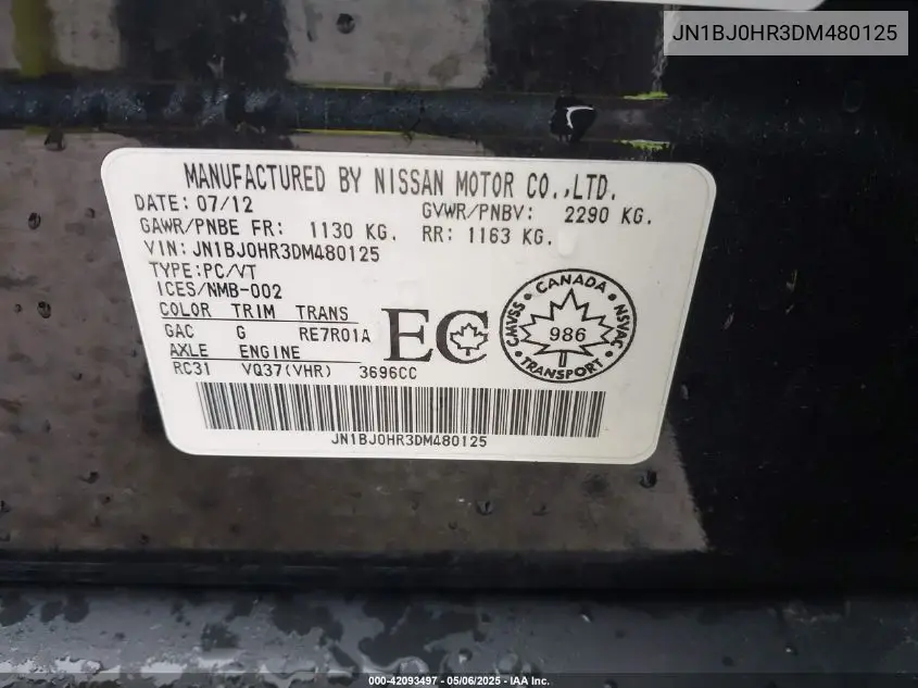 2013 Infiniti Ex37 VIN: JN1BJ0HR3DM480125 Lot: 42093497