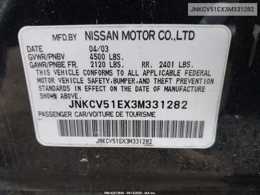 2003 Infiniti G35 Base W/6 Speed Manual VIN: JNKCV51EX3M331282 Lot: 42213936