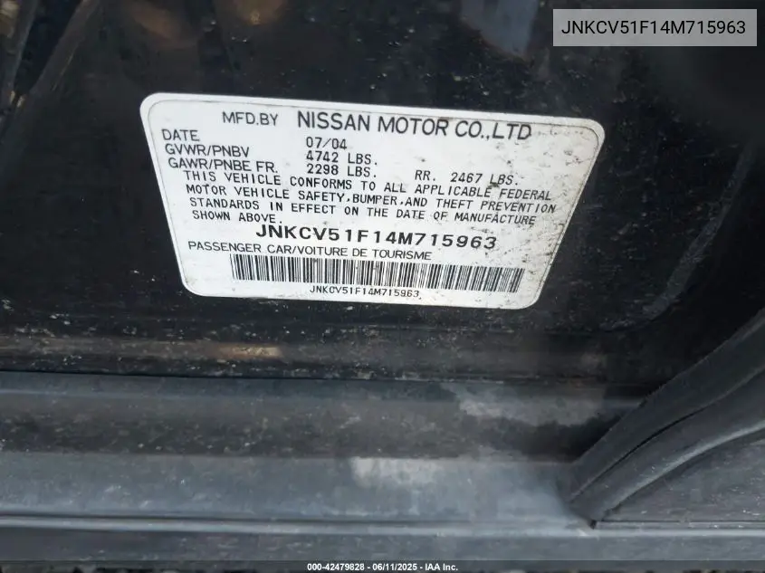 2004 Infiniti G35X VIN: JNKCV51F14M715963 Lot: 42479828