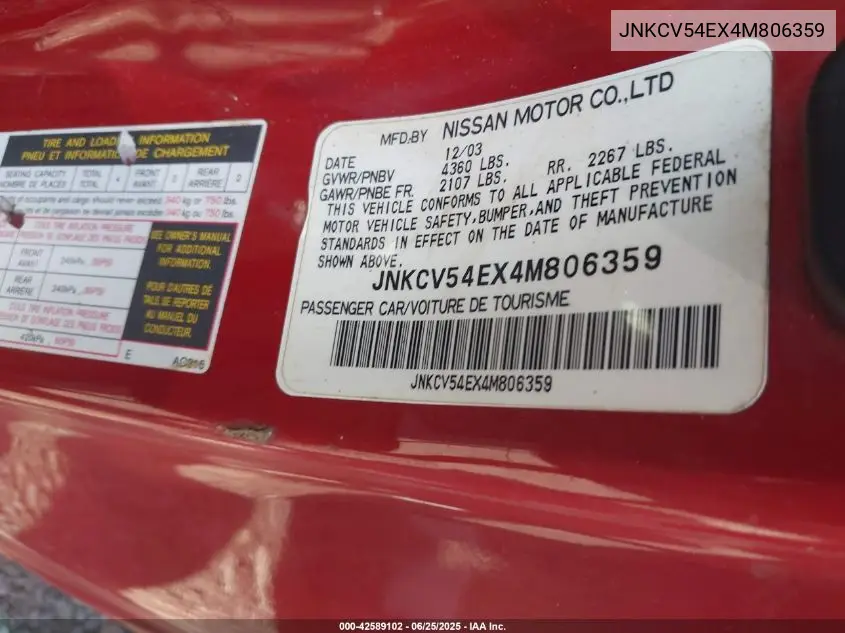 2004 Infiniti G35 VIN: JNKCV54EX4M806359 Lot: 42589102