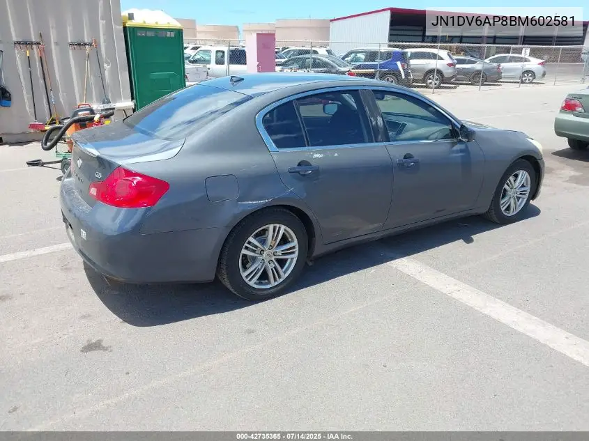 2011 Infiniti G25 Journey VIN: JN1DV6AP8BM602581 Lot: 42735365