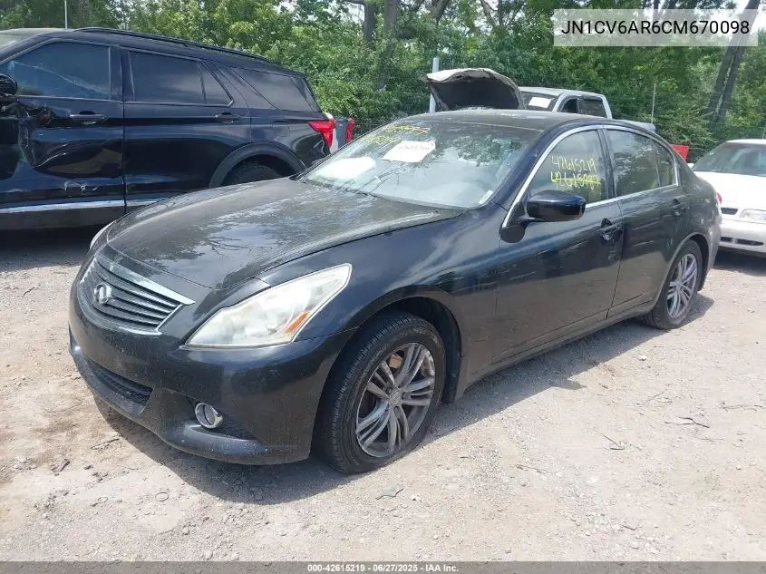 2012 Infiniti G37 VIN: JN1CV6AR6CM670098 Lot: 42615219