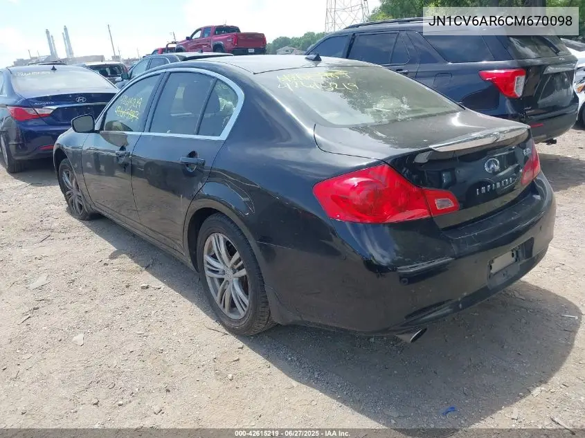 2012 Infiniti G37 VIN: JN1CV6AR6CM670098 Lot: 42615219