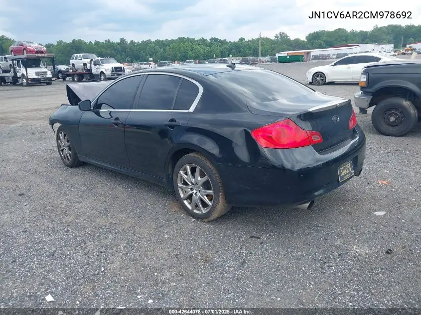 2012 Infiniti G37X VIN: JN1CV6AR2CM978692 Lot: 42644078