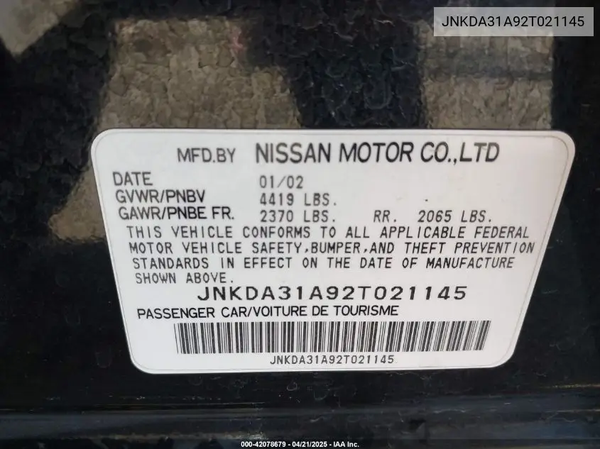 2002 Infiniti I35 Luxury VIN: JNKDA31A92T021145 Lot: 42078679
