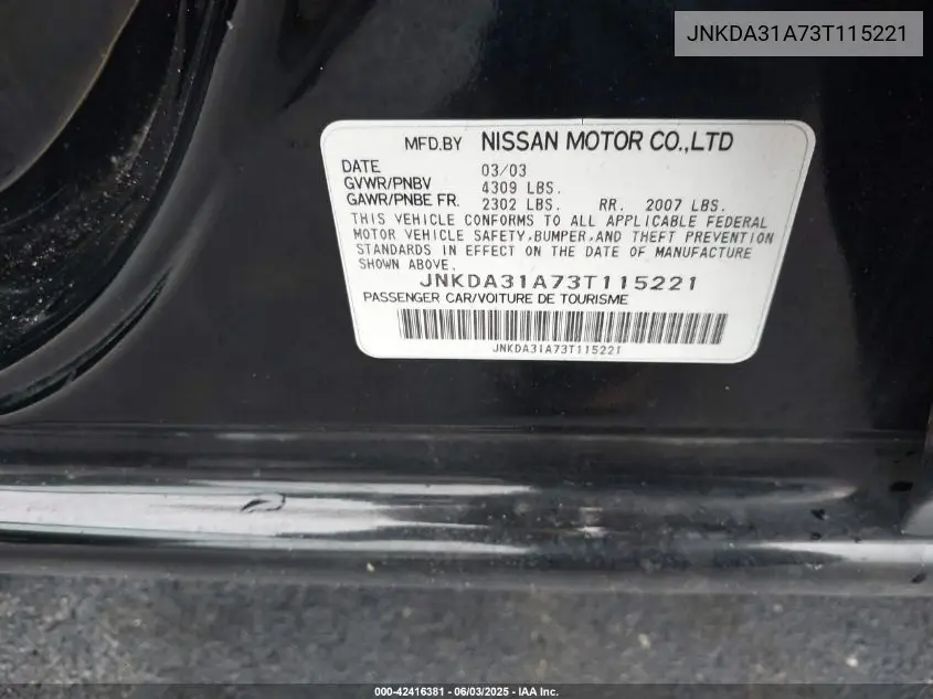 2003 Infiniti I35 Luxury VIN: JNKDA31A73T115221 Lot: 42416381