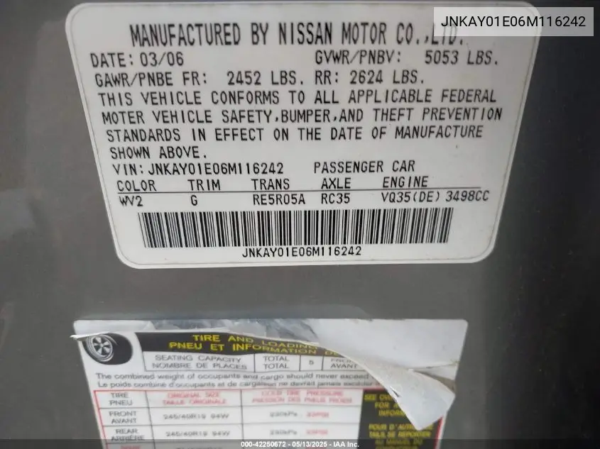 2006 Infiniti M35 Sport VIN: JNKAY01E06M116242 Lot: 42250672