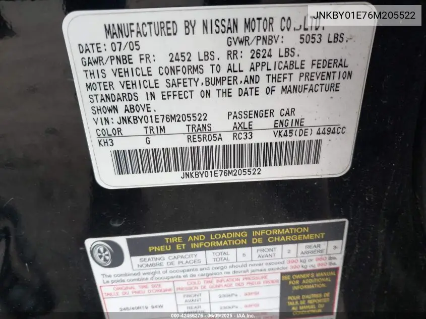 2006 Infiniti M45 Sport VIN: JNKBY01E76M205522 Lot: 42466276