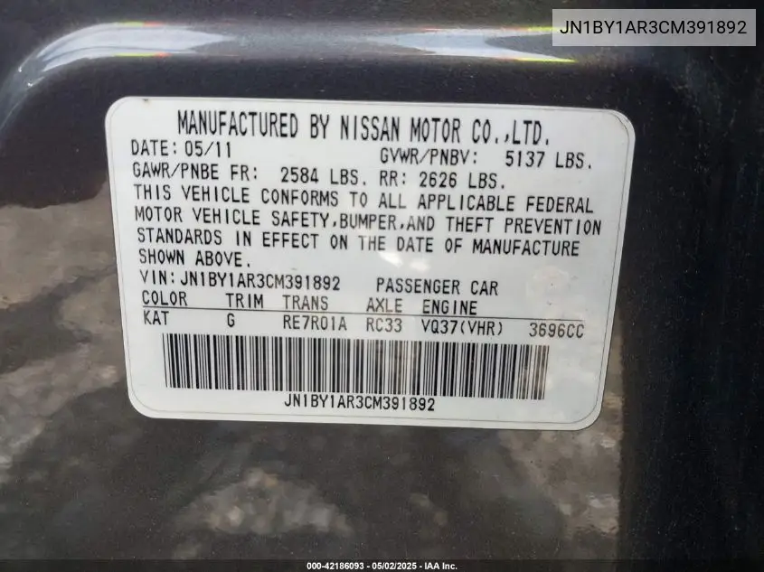 2012 Infiniti M37X VIN: JN1BY1AR3CM391892 Lot: 42186093