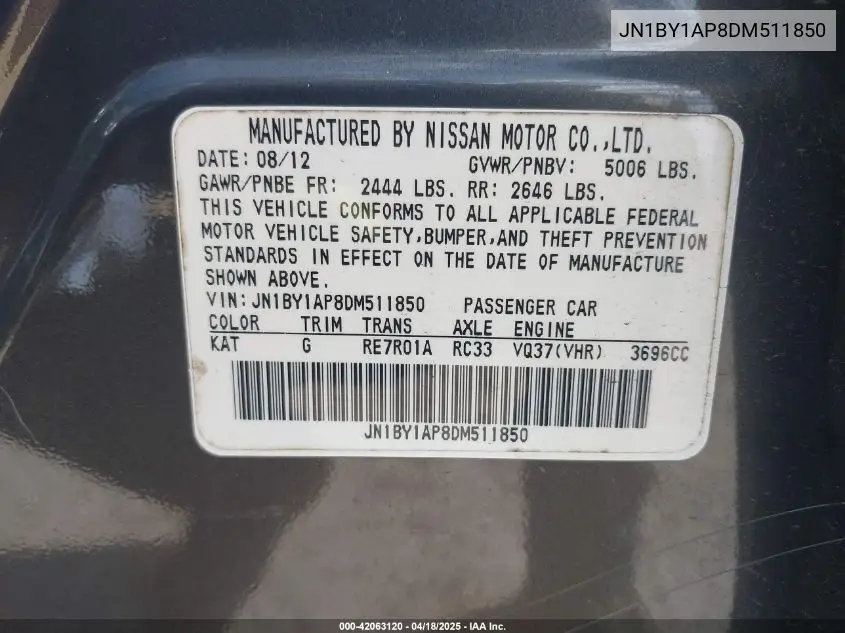 2013 Infiniti M37 VIN: JN1BY1AP8DM511850 Lot: 42063120