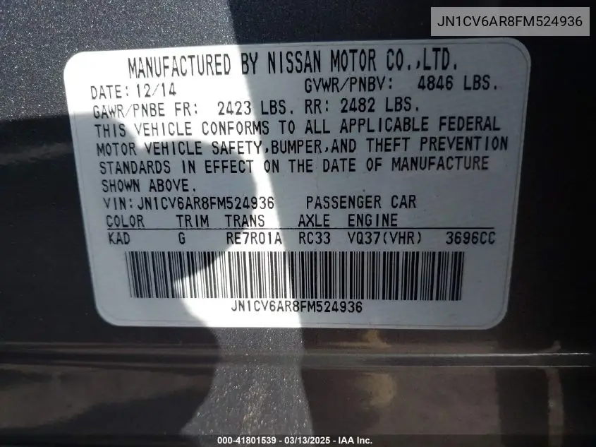 2015 Infiniti Q40 VIN: JN1CV6AR8FM524936 Lot: 41801539