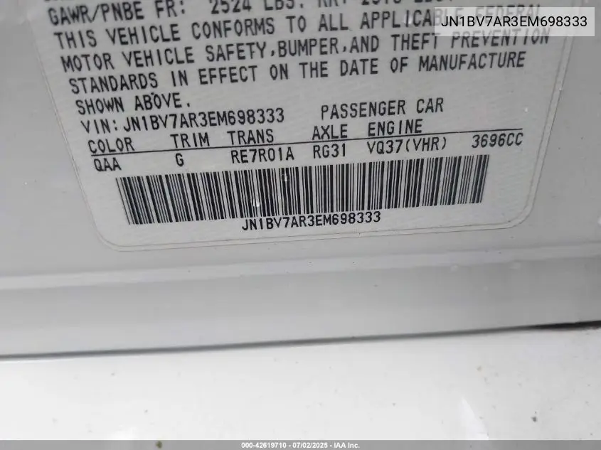 JN1BV7AR3EM698333 2014 Infiniti Q50 Sport
