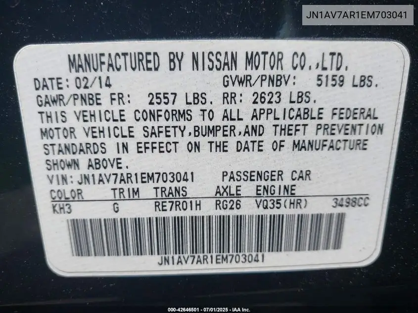 2014 Infiniti Q50 Hybrid Premium VIN: JN1AV7AR1EM703041 Lot: 42646501