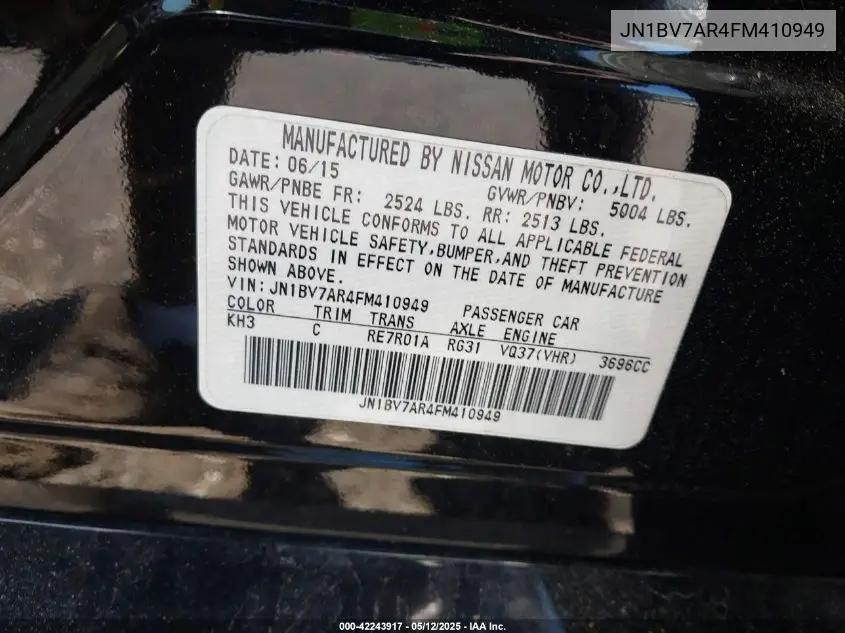 2015 Infiniti Q50 Premium VIN: JN1BV7AR4FM410949 Lot: 42243917