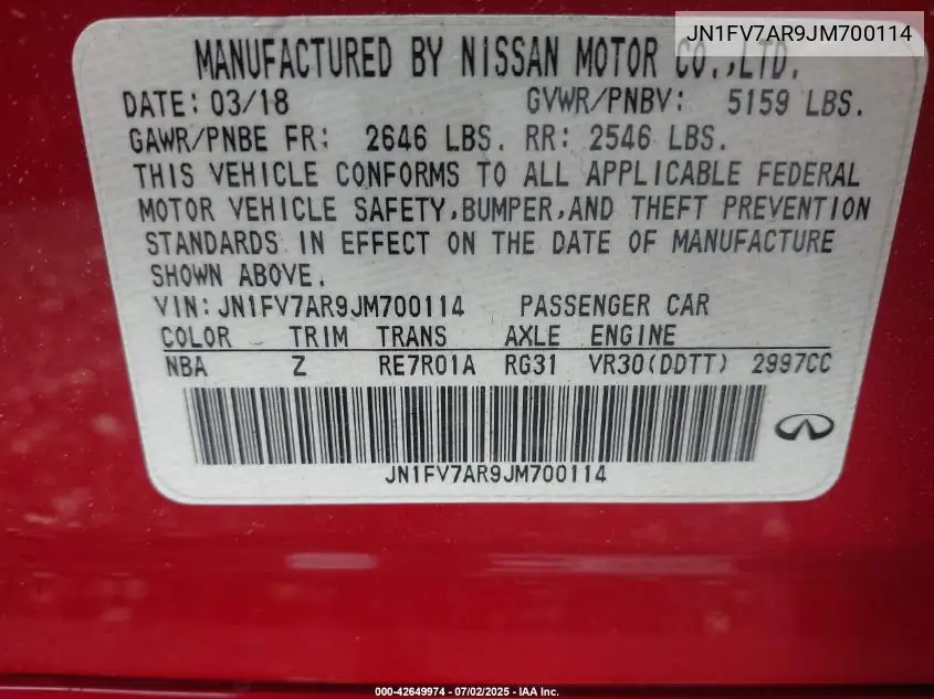 2018 Infiniti Q50 3.0T Red Sport 400 VIN: JN1FV7AR9JM700114 Lot: 42649974