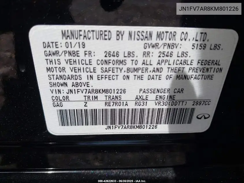 2019 Infiniti Q50 3.0T Red Sport 400 VIN: JN1FV7AR8KM801226 Lot: 42622633
