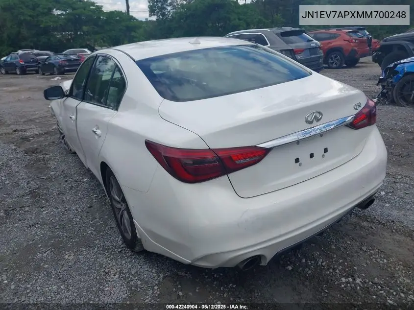 2021 Infiniti Q50 Pure VIN: JN1EV7APXMM700248 Lot: 42240904