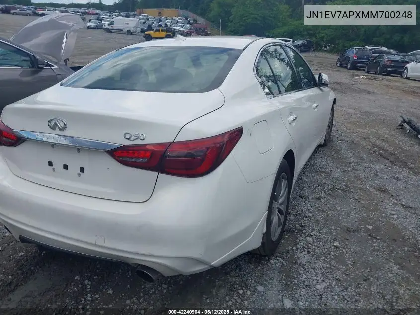 2021 Infiniti Q50 Pure VIN: JN1EV7APXMM700248 Lot: 42240904