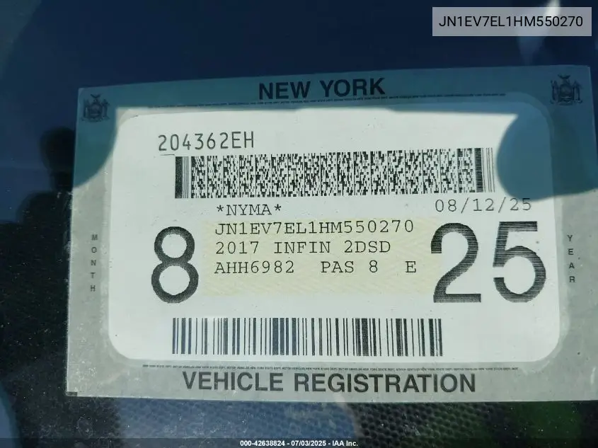 2017 Infiniti Q60 3.0T Premium VIN: JN1EV7EL1HM550270 Lot: 42638824