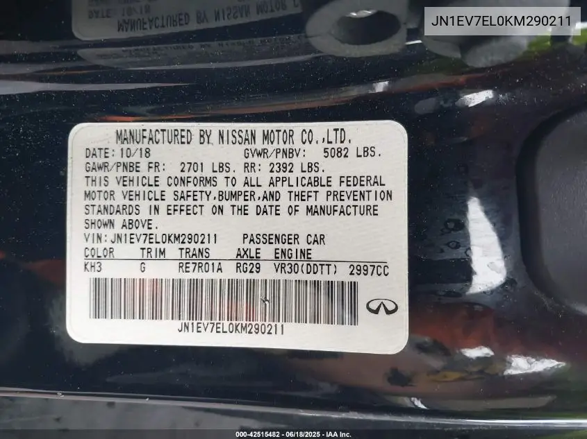2019 Infiniti Q60 3.0T Luxe VIN: JN1EV7EL0KM290211 Lot: 42515482