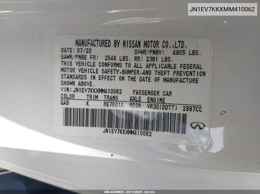 2021 Infiniti Q60 Luxe VIN: JN1EV7KKXMM410062 Lot: 42260853