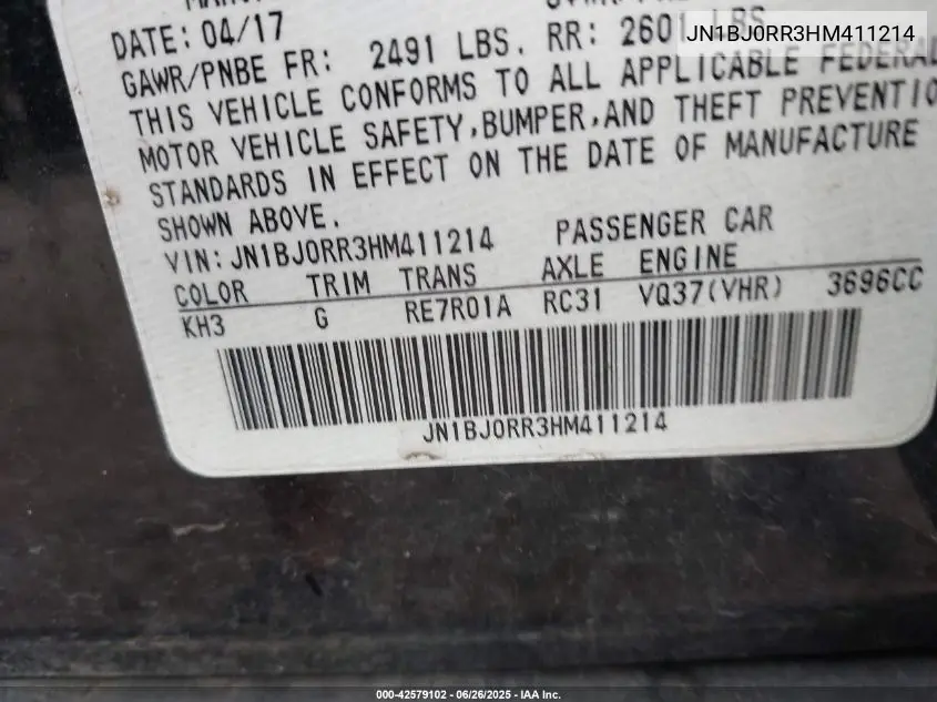2017 Infiniti Qx50 VIN: JN1BJ0RR3HM411214 Lot: 42579102
