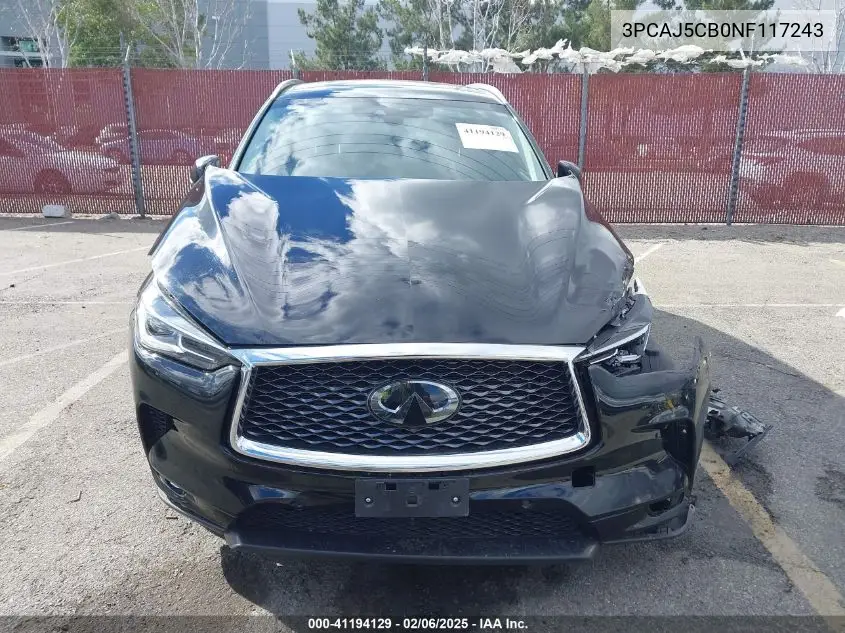 2022 Infiniti Qx50 Essential Awd VIN: 3PCAJ5CB0NF117243 Lot: 41194129