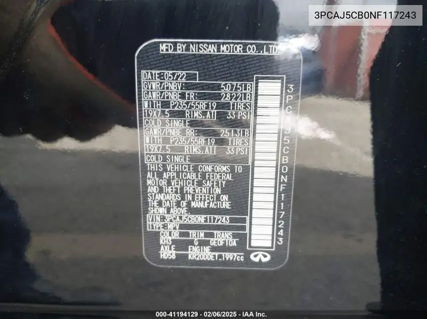 2022 Infiniti Qx50 Essential Awd VIN: 3PCAJ5CB0NF117243 Lot: 41194129