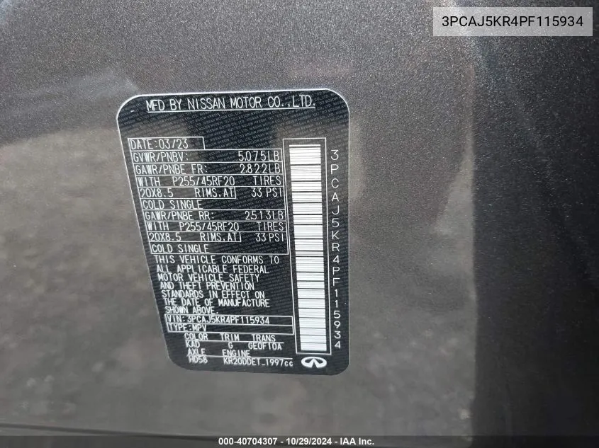 2023 Infiniti Qx55 Essential Awd VIN: 3PCAJ5KR4PF115934 Lot: 40704307