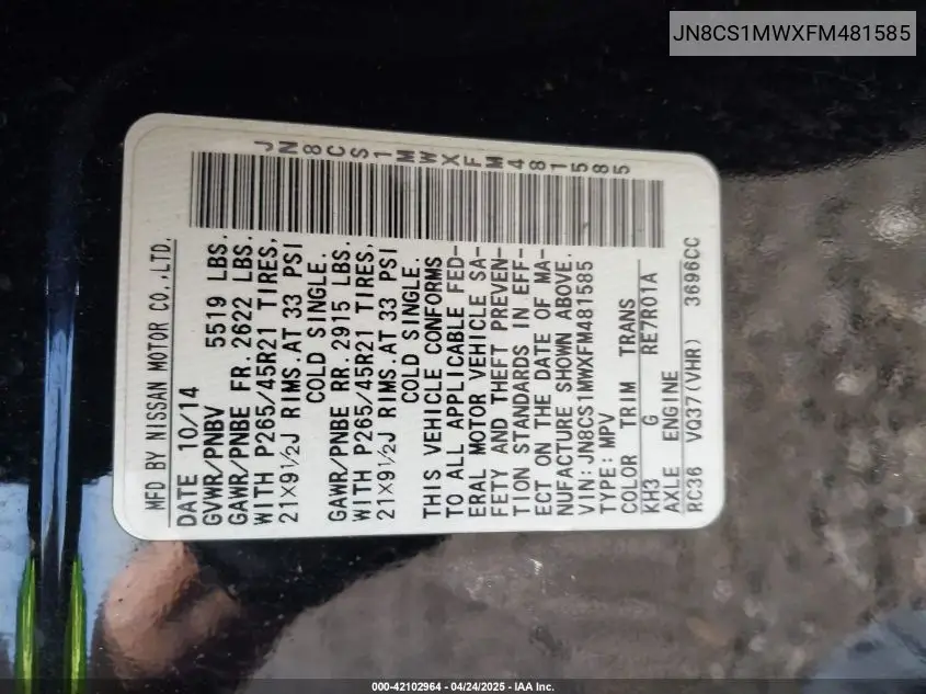 2015 Infiniti Qx70 VIN: JN8CS1MWXFM481585 Lot: 42102964