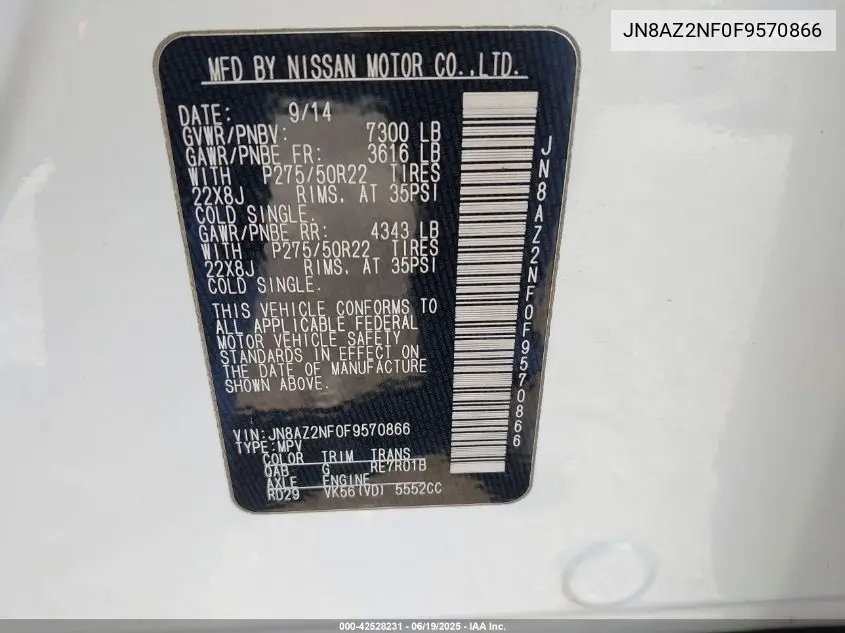 2015 Infiniti Qx80 VIN: JN8AZ2NF0F9570866 Lot: 42528231
