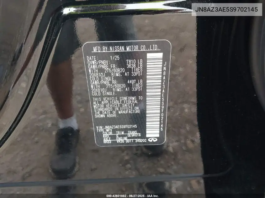 2025 Infiniti Qx80 Pure Awd VIN: JN8AZ3AE5S9702145 Lot: 42601882