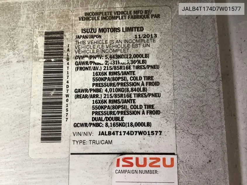 2013 Isuzu Commercial Van VIN: JALB4T174D7W01577 Lot: 42240097