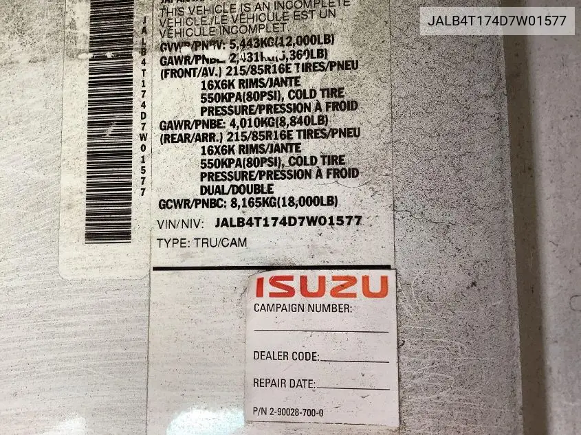 2013 Isuzu Commercial Van VIN: JALB4T174D7W01577 Lot: 42240097