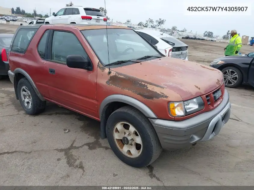 2000 Isuzu Amigo S 3.2L V6 Hard Top/S 3.2L V6 Soft Top VIN: 4S2CK57W7Y4305907 Lot: 42169091