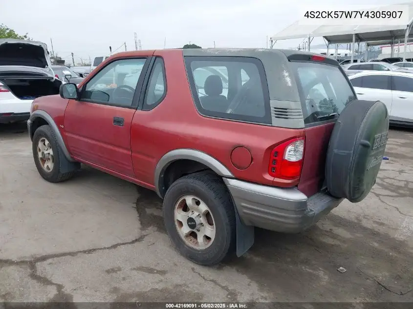 2000 Isuzu Amigo S 3.2L V6 Hard Top/S 3.2L V6 Soft Top VIN: 4S2CK57W7Y4305907 Lot: 42169091