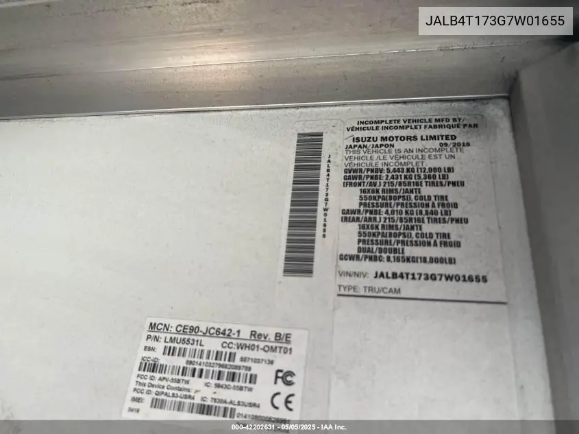 2016 Isuzu Npr VIN: JALB4T173G7W01655 Lot: 42202631
