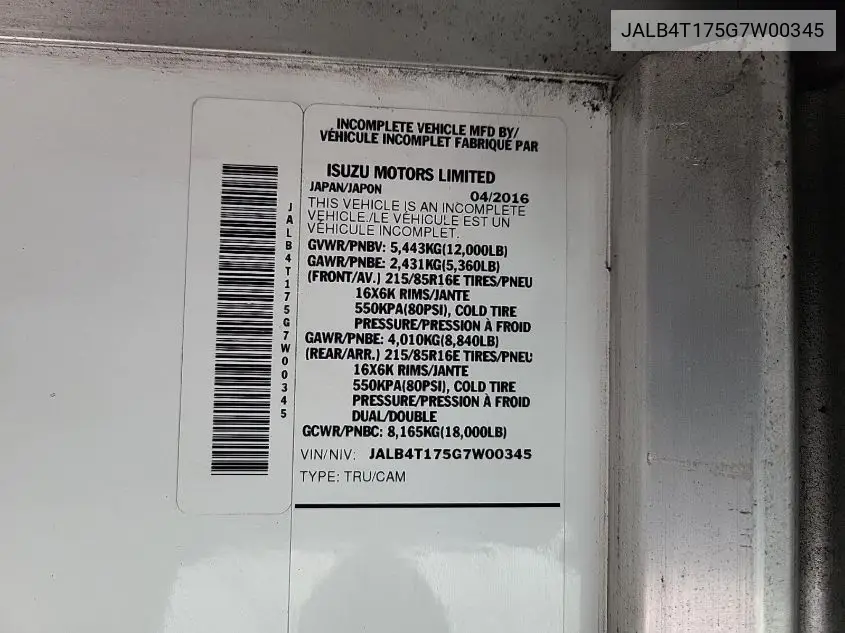 2016 Isuzu Npr VIN: JALB4T175G7W00345 Lot: 42262679