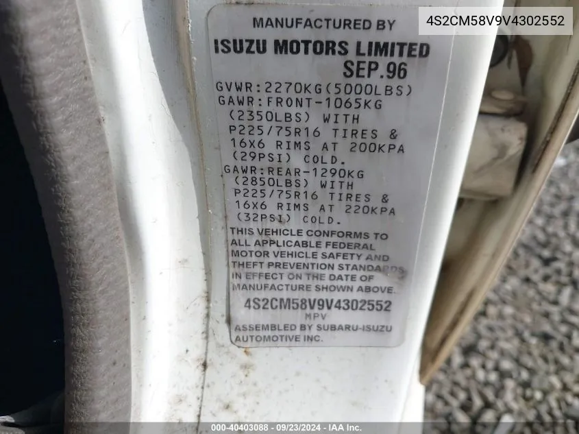 1997 Isuzu Rodeo Ls 3.2L/S 3.2L VIN: 4S2CM58V9V4302552 Lot: 40403088