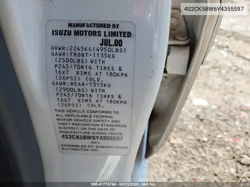 2000 Isuzu Rodeo Ls/Lse/S 3.2L VIN: 4S2CK58W6Y4355597 Lot: 41775764