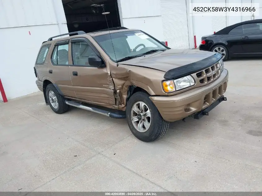 2000 Isuzu Rodeo Ls/Lse/S 3.2L VIN: 4S2CK58W3Y4316966 Lot: 42003598