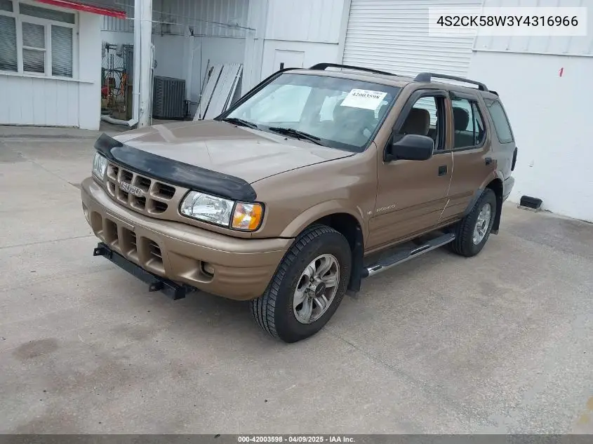 2000 Isuzu Rodeo Ls/Lse/S 3.2L VIN: 4S2CK58W3Y4316966 Lot: 42003598