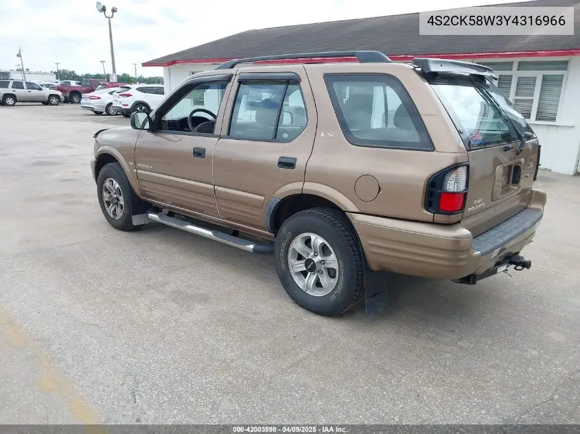 2000 Isuzu Rodeo Ls/Lse/S 3.2L VIN: 4S2CK58W3Y4316966 Lot: 42003598