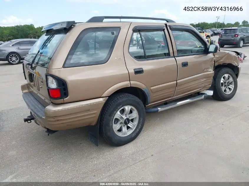 2000 Isuzu Rodeo Ls/Lse/S 3.2L VIN: 4S2CK58W3Y4316966 Lot: 42003598